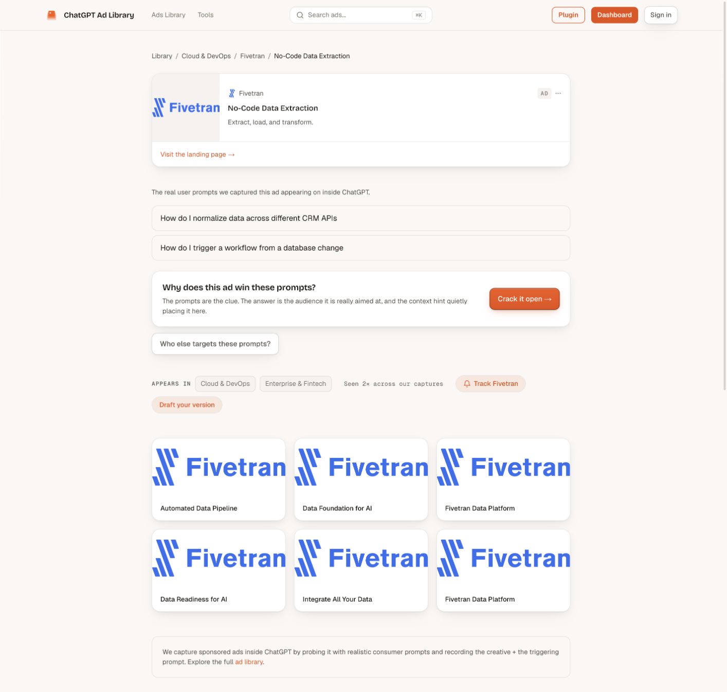 ChatGPT Ad Library 中的 Fivetran No-Code Data Extraction 广告样本