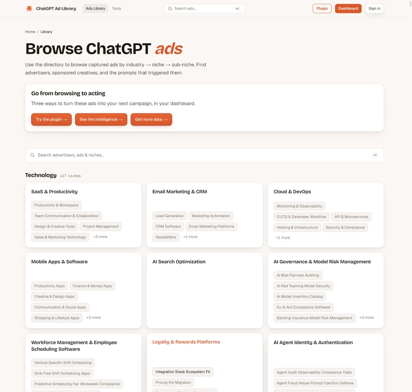 ChatGPT Ad Library 广告目录页面截图
